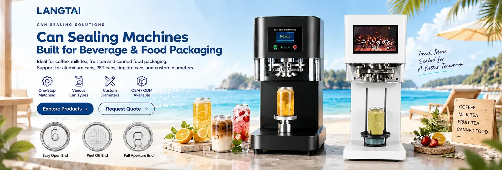 Langtai can sealing machines for beverage and food packaging — coffee, milk tea, fruit tea and canned products