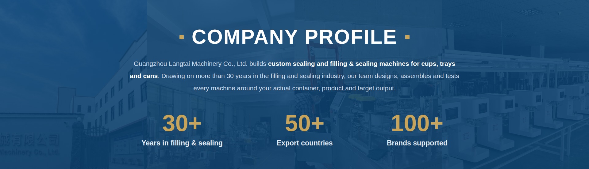 Company profile — Guangzhou Langtai Machinery builds custom sealing and filling and sealing machines for cups, trays and cans, with 30+ years in filling and sealing, 50+ export countries and 100+ brands supported