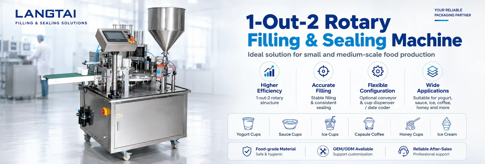 Langtai 1-out-2 rotary filling and sealing machine for cups — yogurt, sauce, ice cream and beverage cups